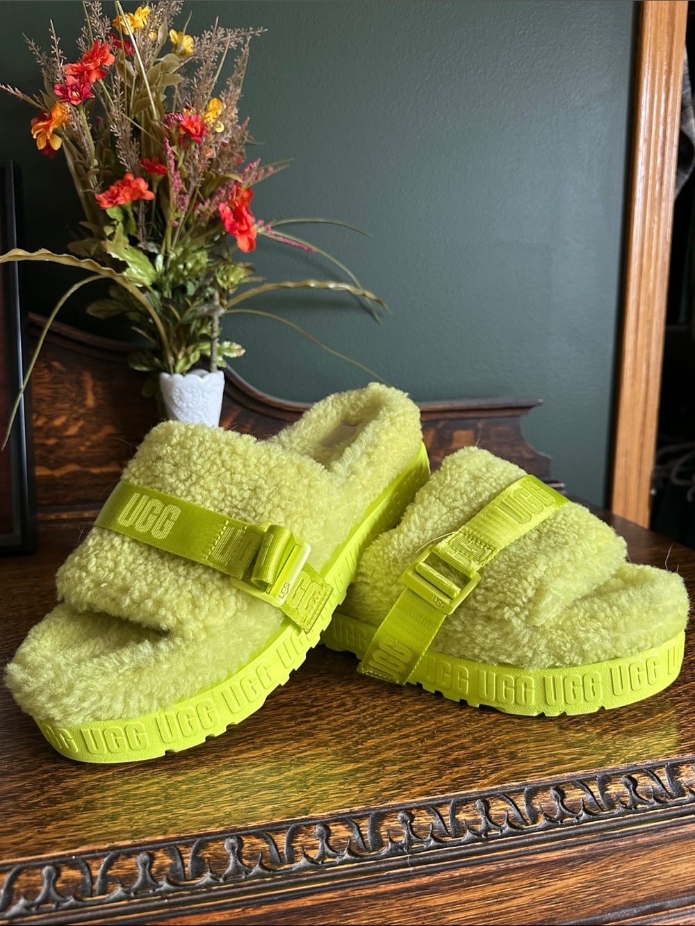 UGG Neon Lime Fluff Strap Slide Slippers